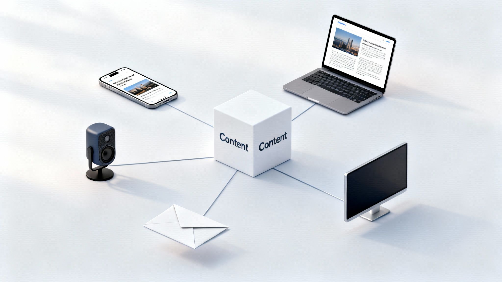 A central 'Content' cube connects to a smartphone, laptop, speaker, envelope, and monitor, illustrating content distribution.