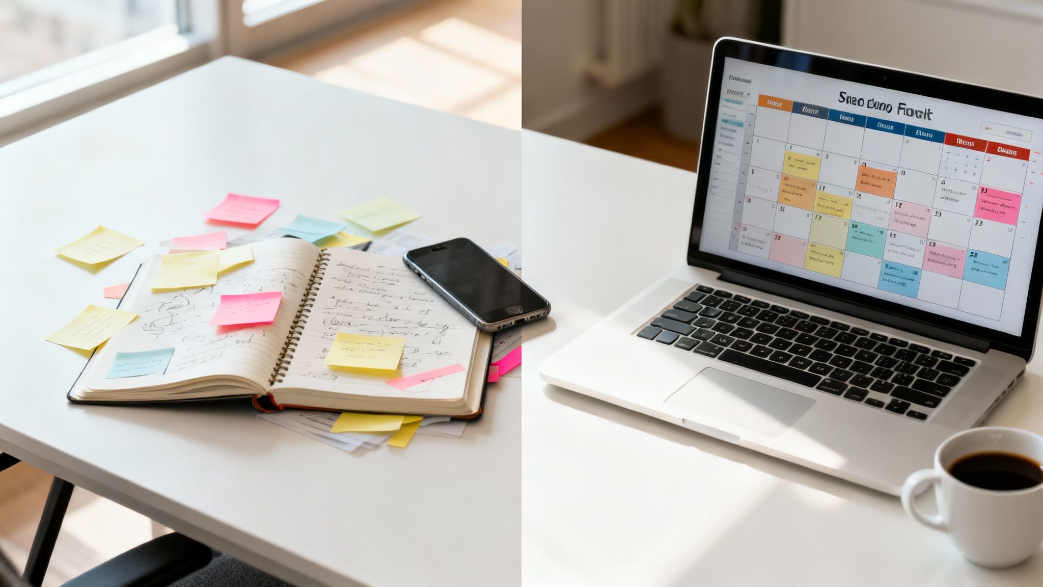 A split image shows a desk with a notebook, sticky notes, a phone, a laptop with a calendar, and a coffee cup.