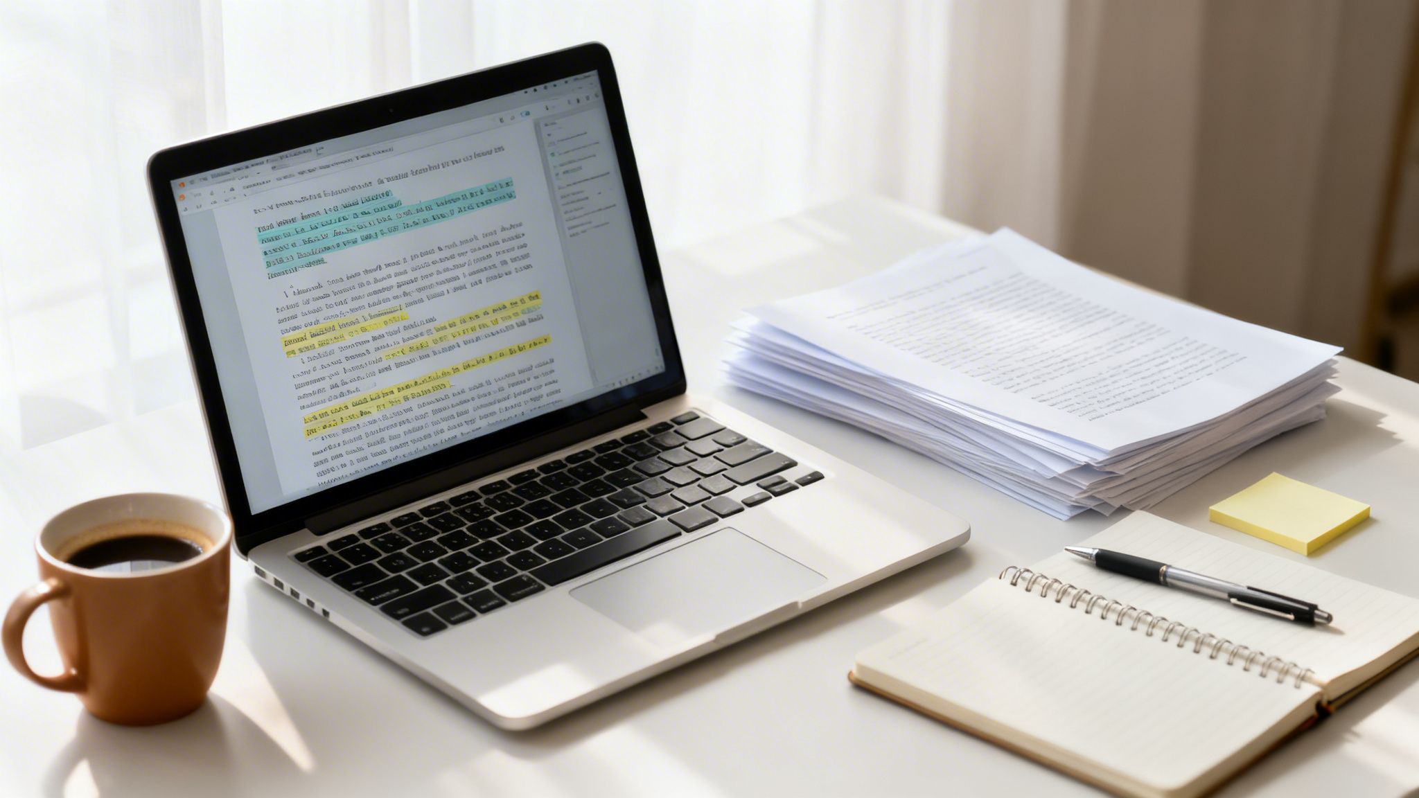 A laptop on a desk showing a document with highlighted text, alongside a coffee mug, stacked papers, and a notebook.