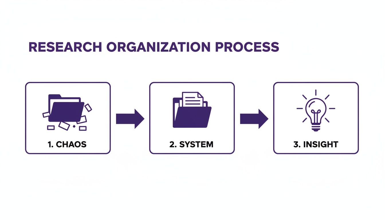 A three-step diagram illustrating the research organization process: from chaos to a system, leading to insight.
