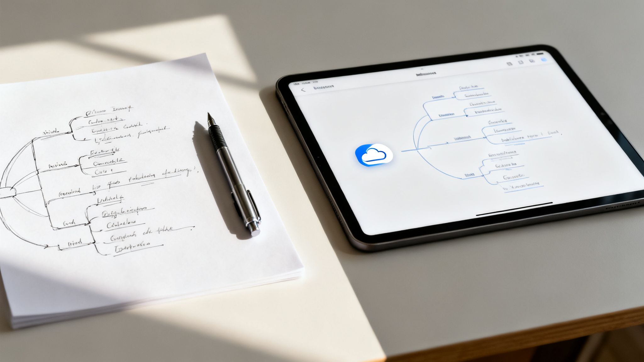 A paper mind map and pen beside a tablet displaying a digital mind map on a desk.