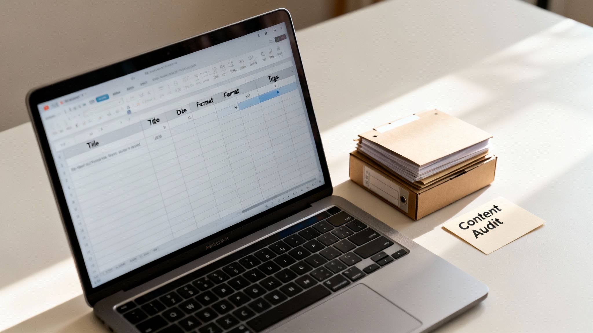 A laptop displays a content audit spreadsheet on a desk with stacked folders and a 'Content Audit' note.
