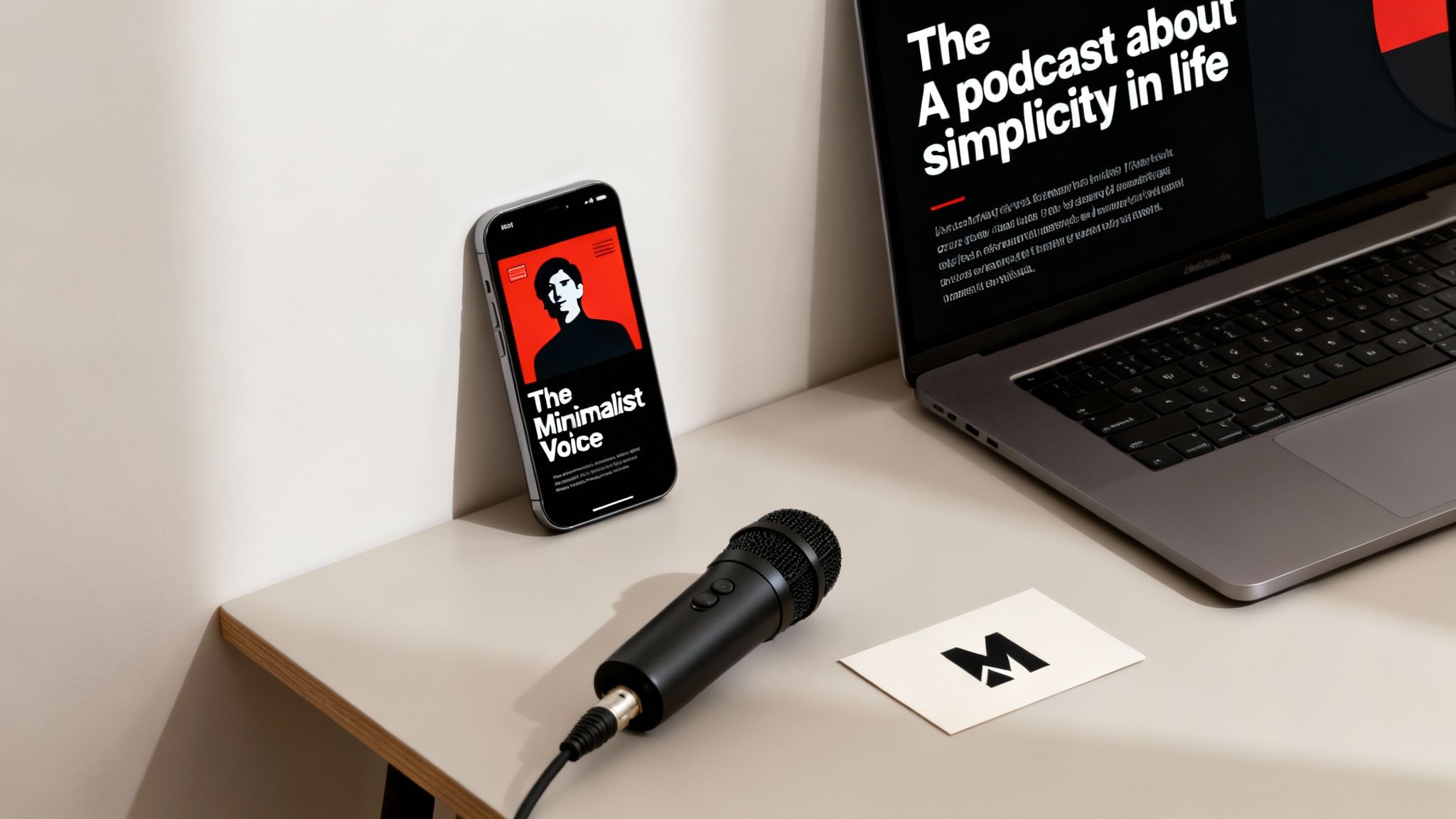 A modern podcast setup featuring a smartphone, laptop, microphone, and branded card on a clean desk, promoting 'The Minimalist Voice' podcast.