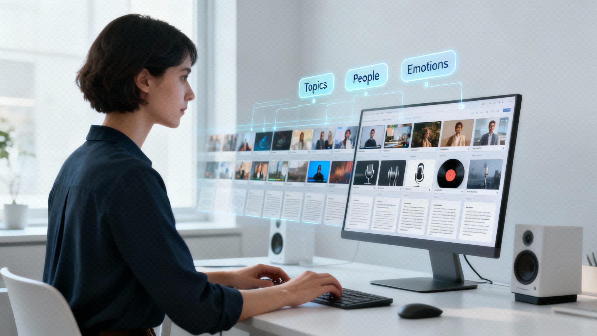 A woman uses a content intelligence platform with holographic labels 'Topics', 'People', 'Emotions' linking to various media.