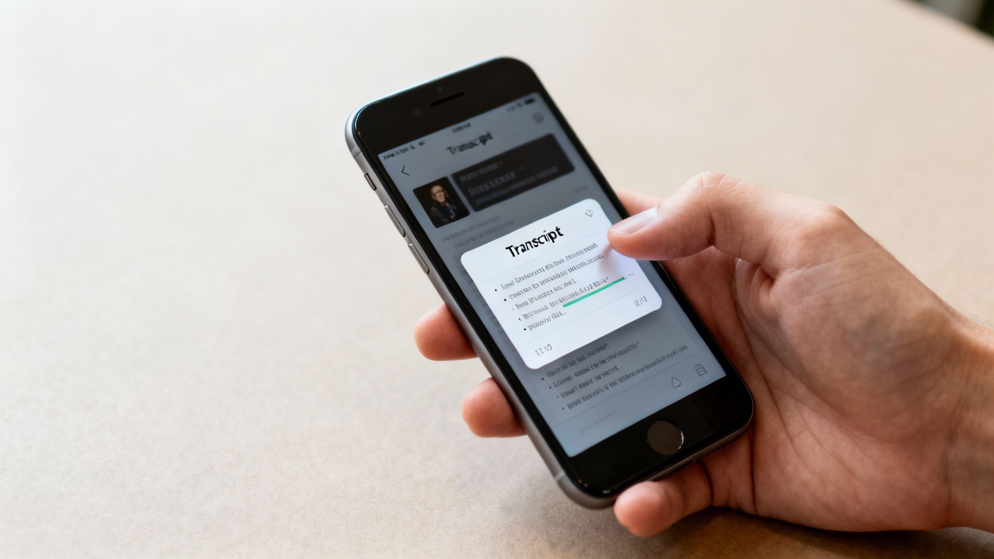 A person's hand holds a smartphone displaying a 'Transcript' app with a processing popup.
