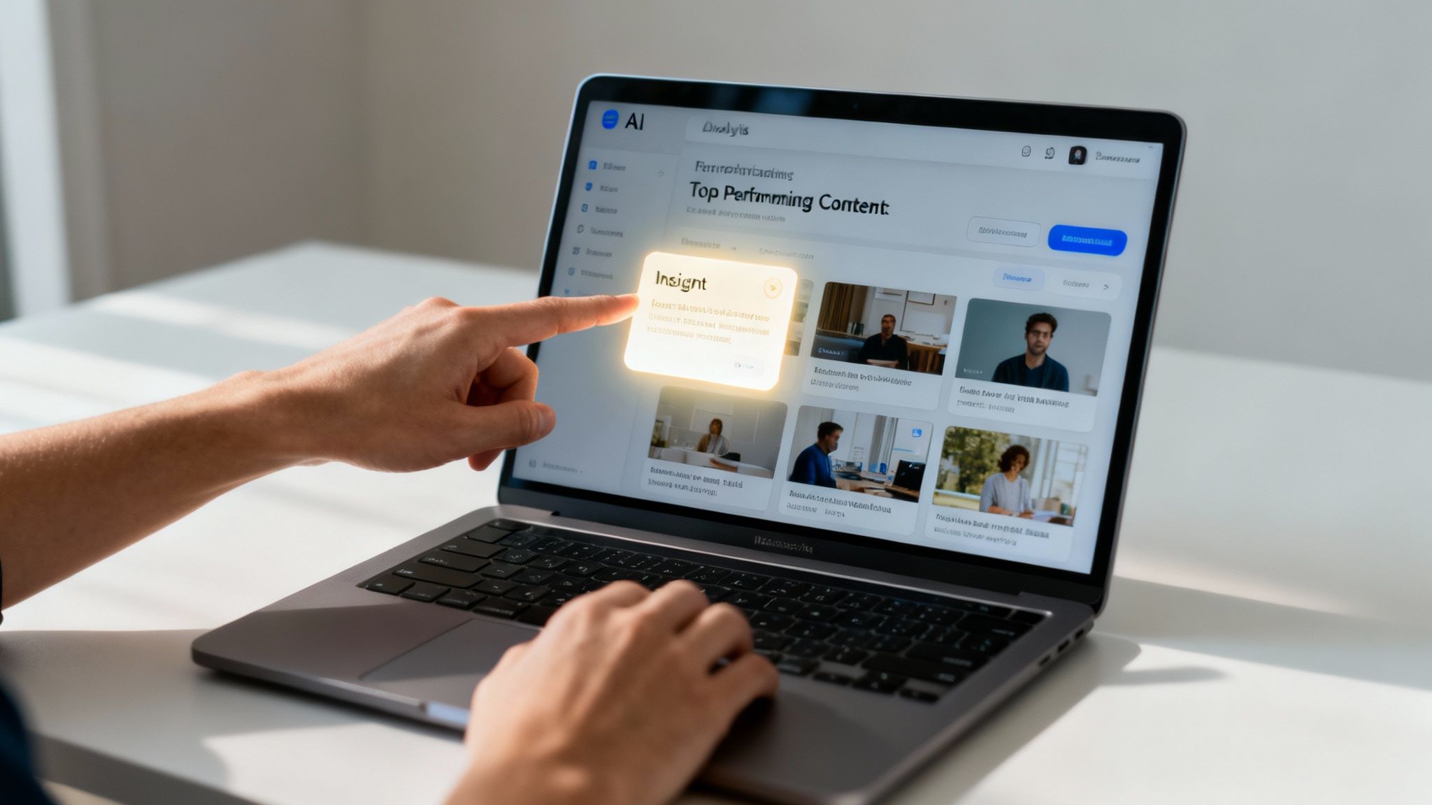 A person's hand pointing at a glowing 'Insight' card on a laptop screen displaying content analytics.