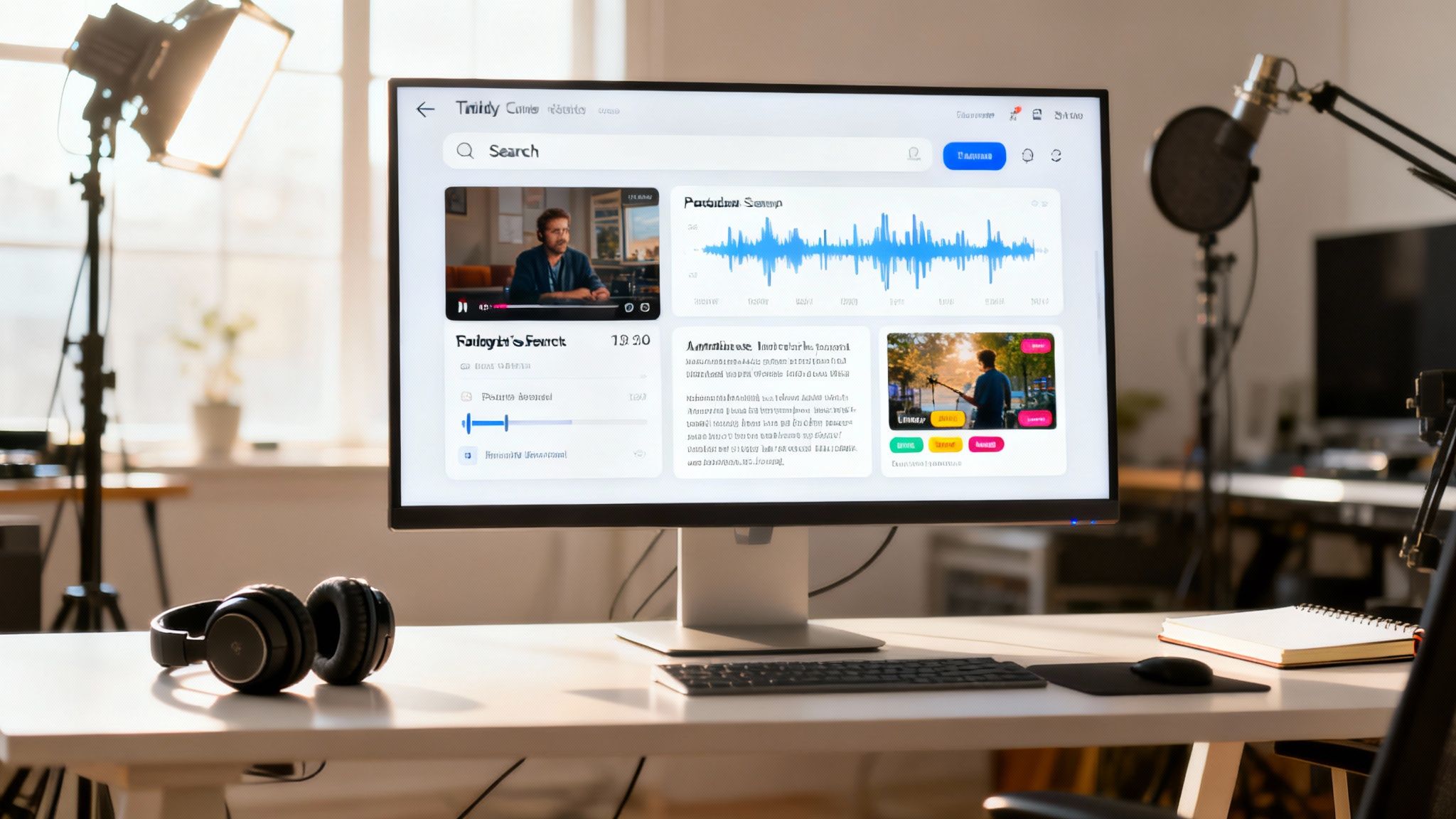 A content creation desk setup with a monitor displaying editing software, headphones, and studio equipment.