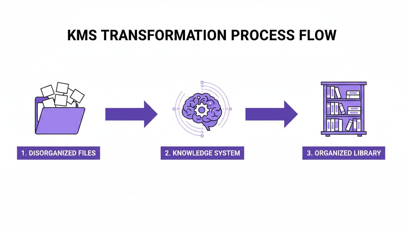 KMS transformation flow: disorganized files processed by a knowledge system into an organized library.