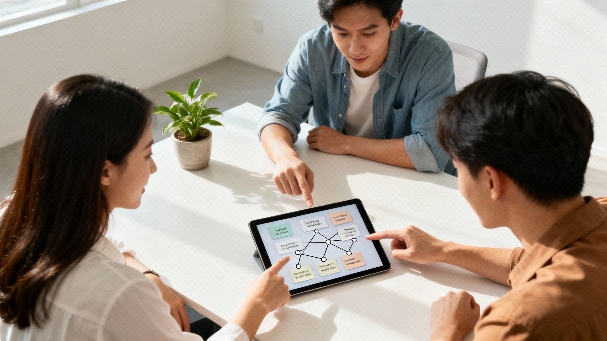 Three young professionals collaborating around a tablet displaying a network diagram, pointing at the screen.