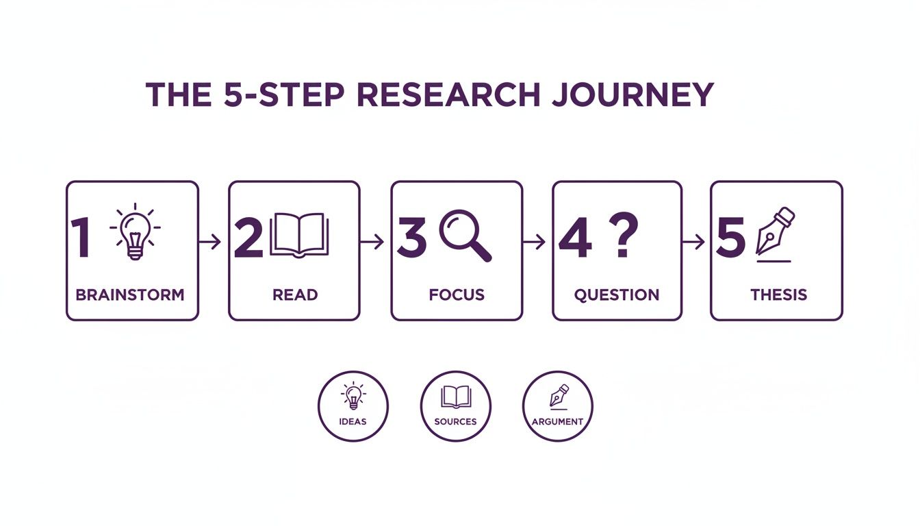 A diagram outlining the 5-step research journey: Brainstorm, Read, Focus, Question, Thesis, with supporting concepts.