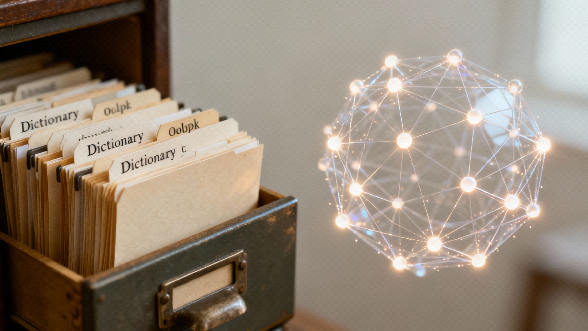 An antique dictionary card catalog drawer next to a modern glowing digital network sphere.