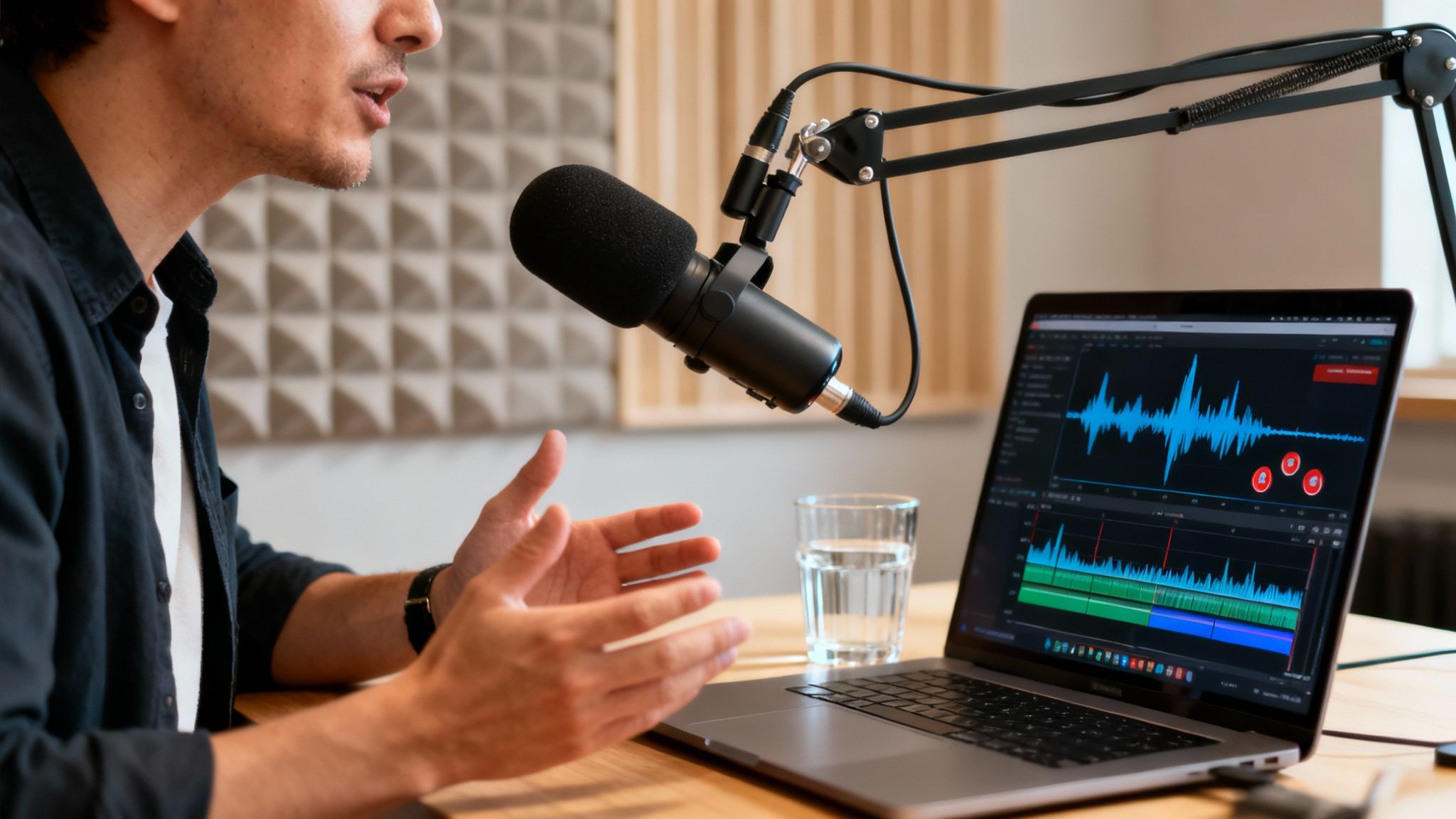A person records a podcast in a studio, speaking into a microphone with audio editing software visible on a laptop.