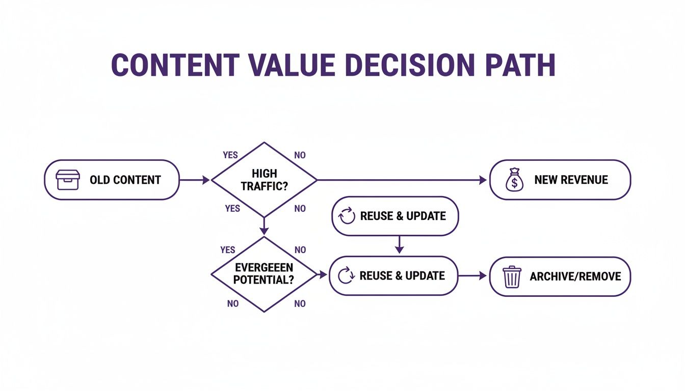 Flowchart outlining content value decisions based on traffic and evergreen potential, leading to revenue or archiving.