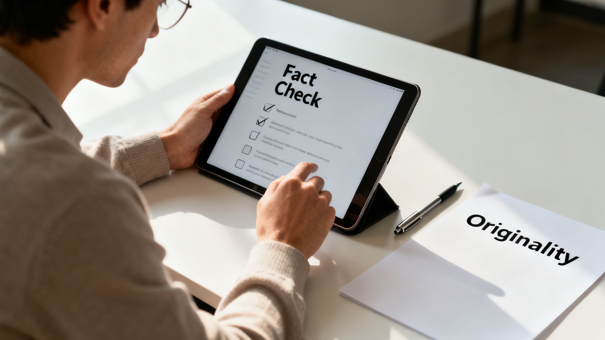 A person uses a tablet for a 'Fact Check' with a document titled 'Originality' on the table.