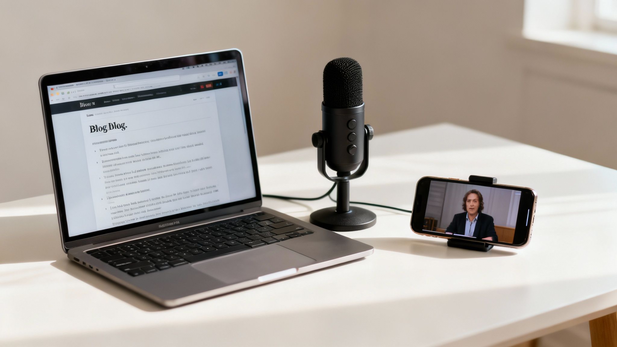 A modern desk setup featuring a laptop displaying a blog, a microphone, and a smartphone showing a video interview.