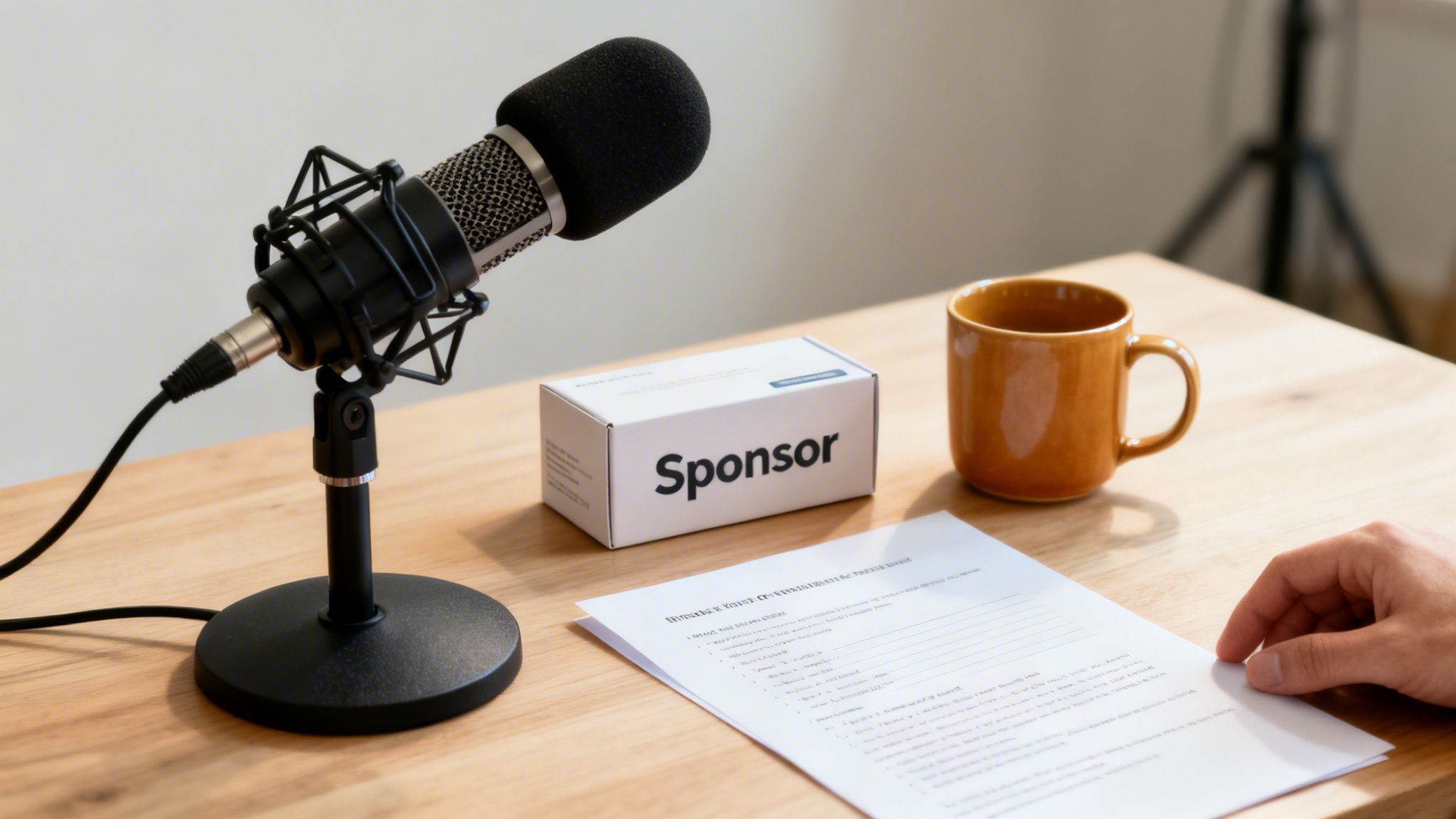 A podcast setup with a microphone, a 'Sponsor' box, a mug, and a document on a wooden desk.