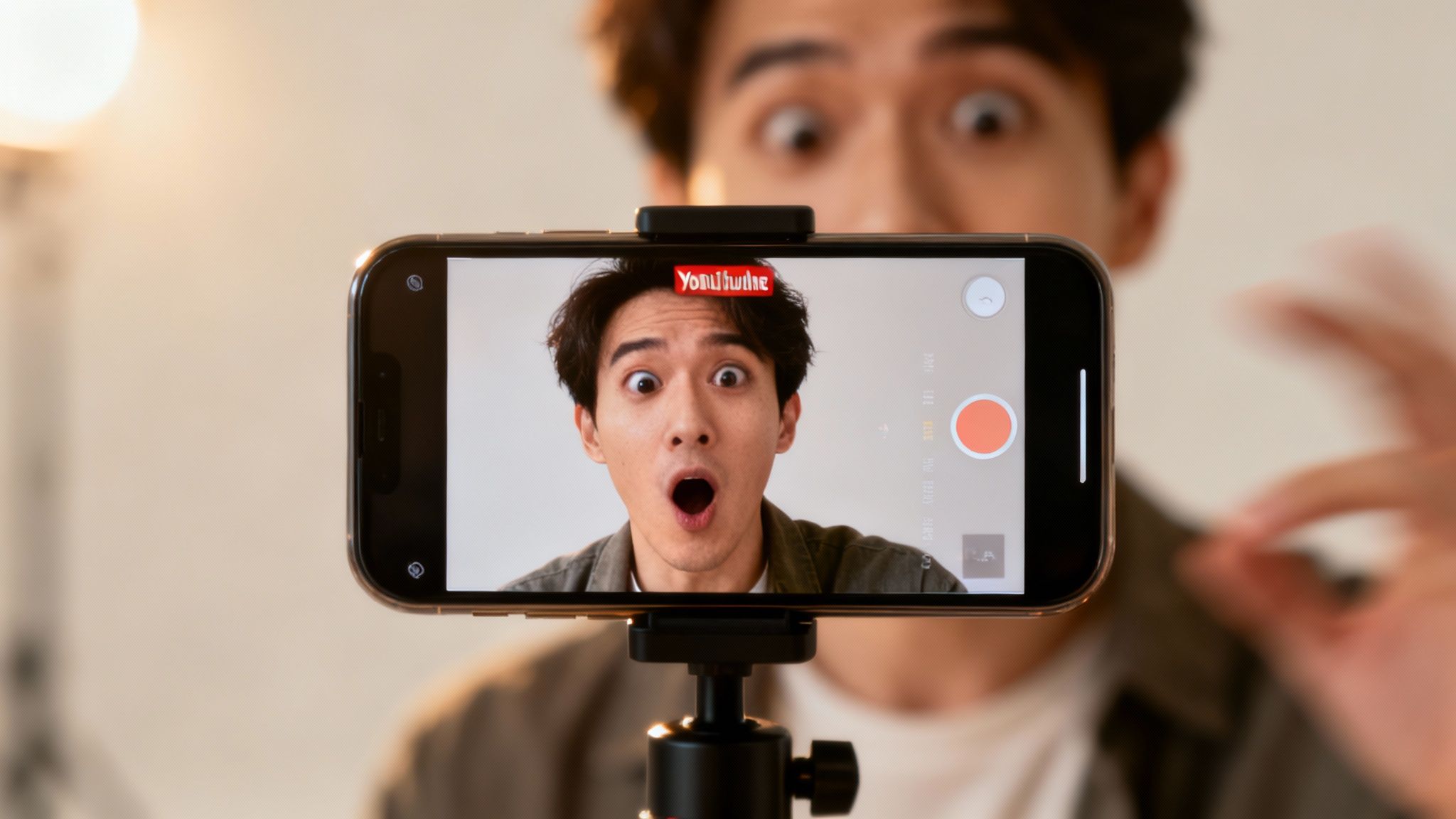 A man records himself with a smartphone on a tripod, making a surprised face for a YouTube video.