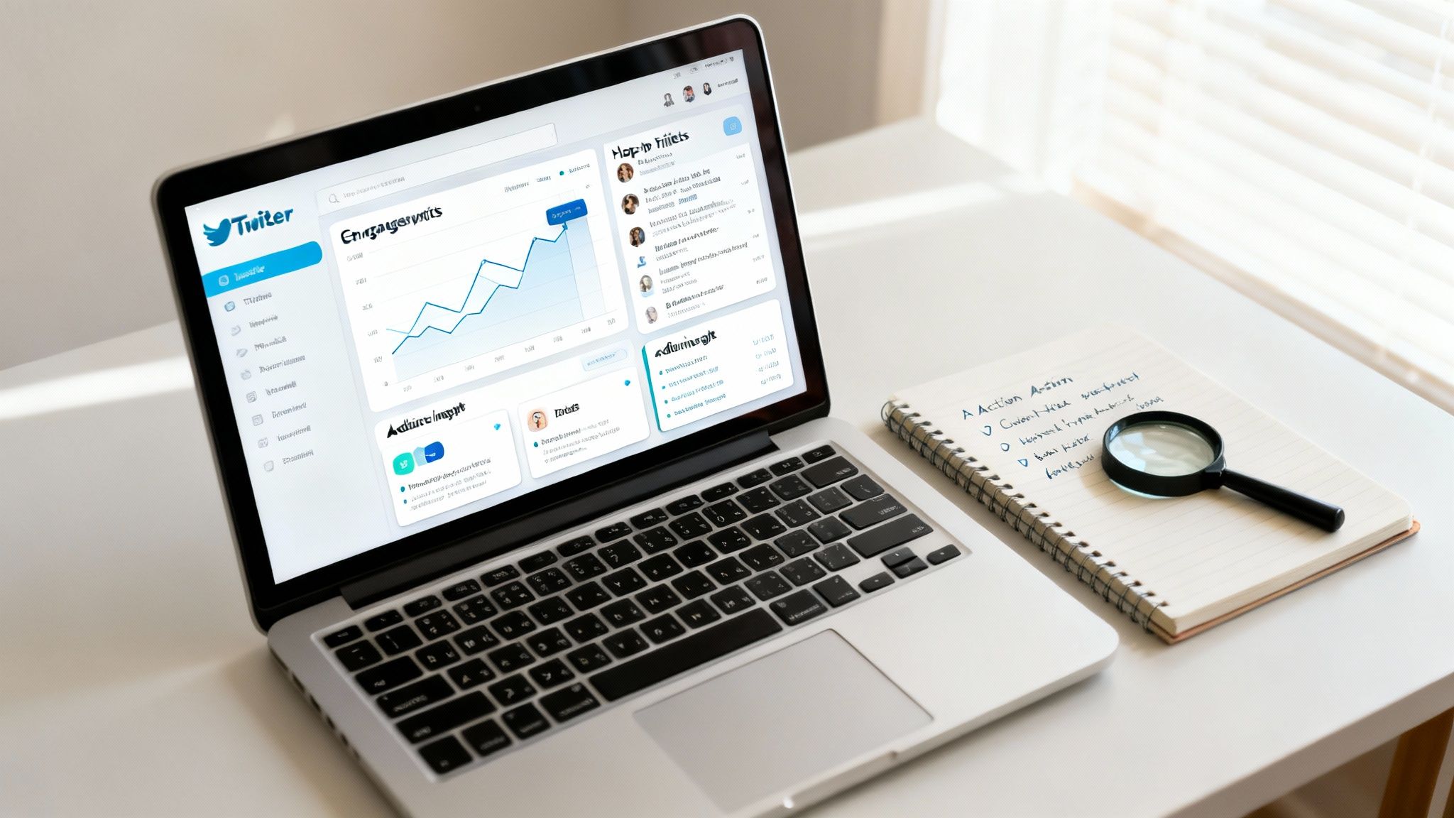 Modern workspace with a laptop showing Twitter analytics, a notebook, and a magnifying glass.