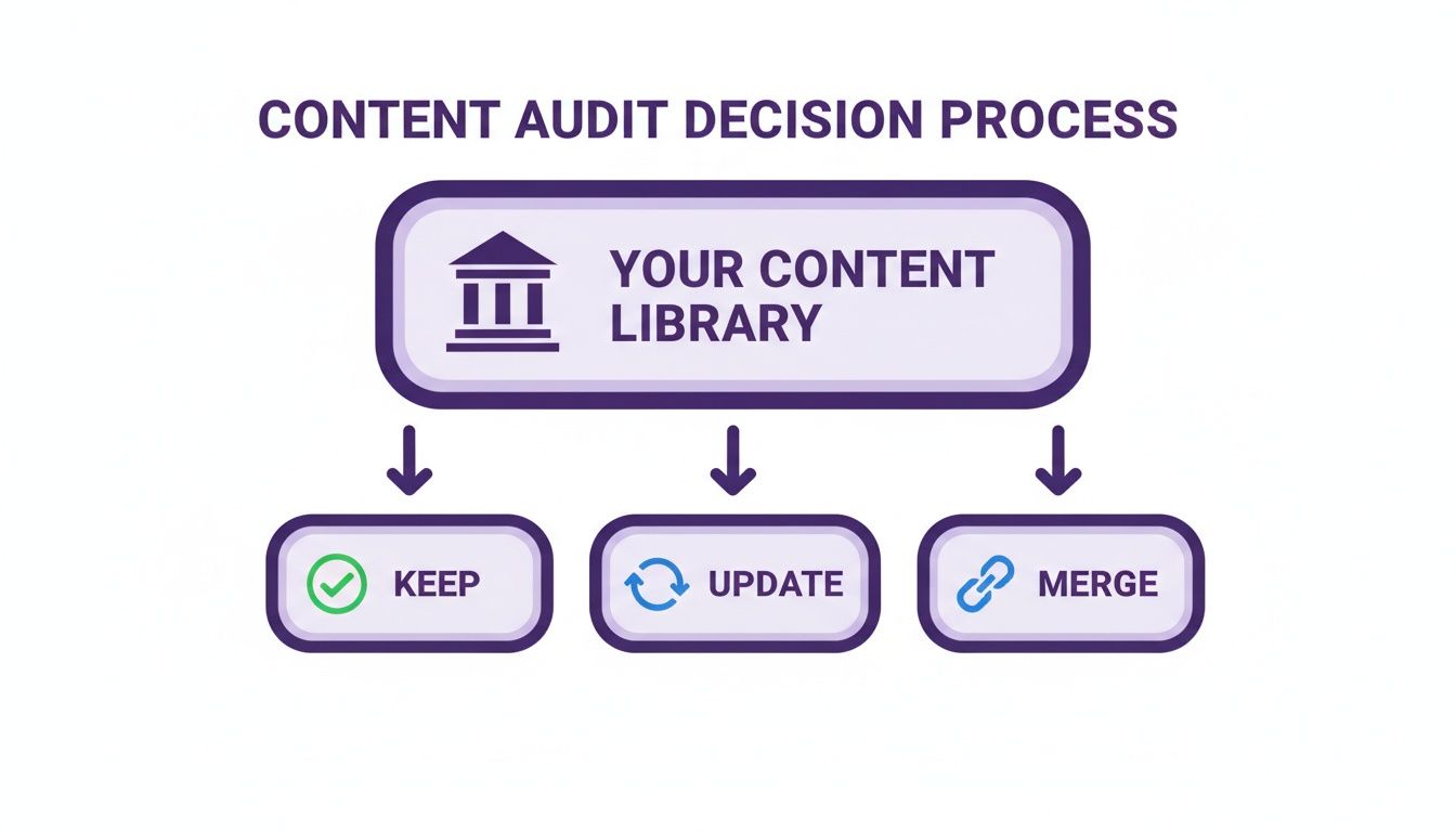 Flowchart for content audit decision process: keep, update, or merge content from your library.