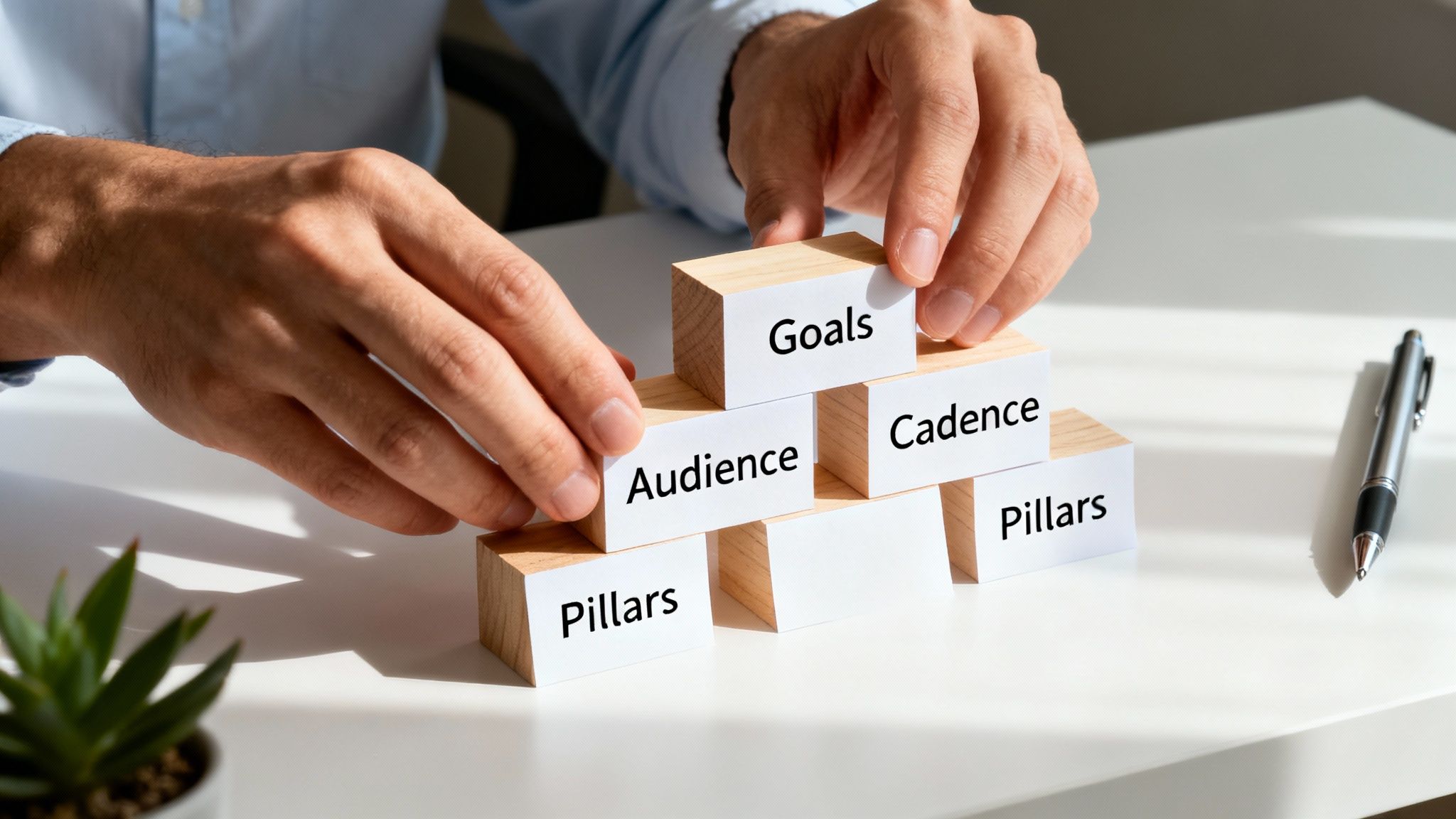 A person arranges wooden blocks labeled 'Goals', 'Audience', 'Cadence', 'Pillars' on a white desk, representing a content strategy.