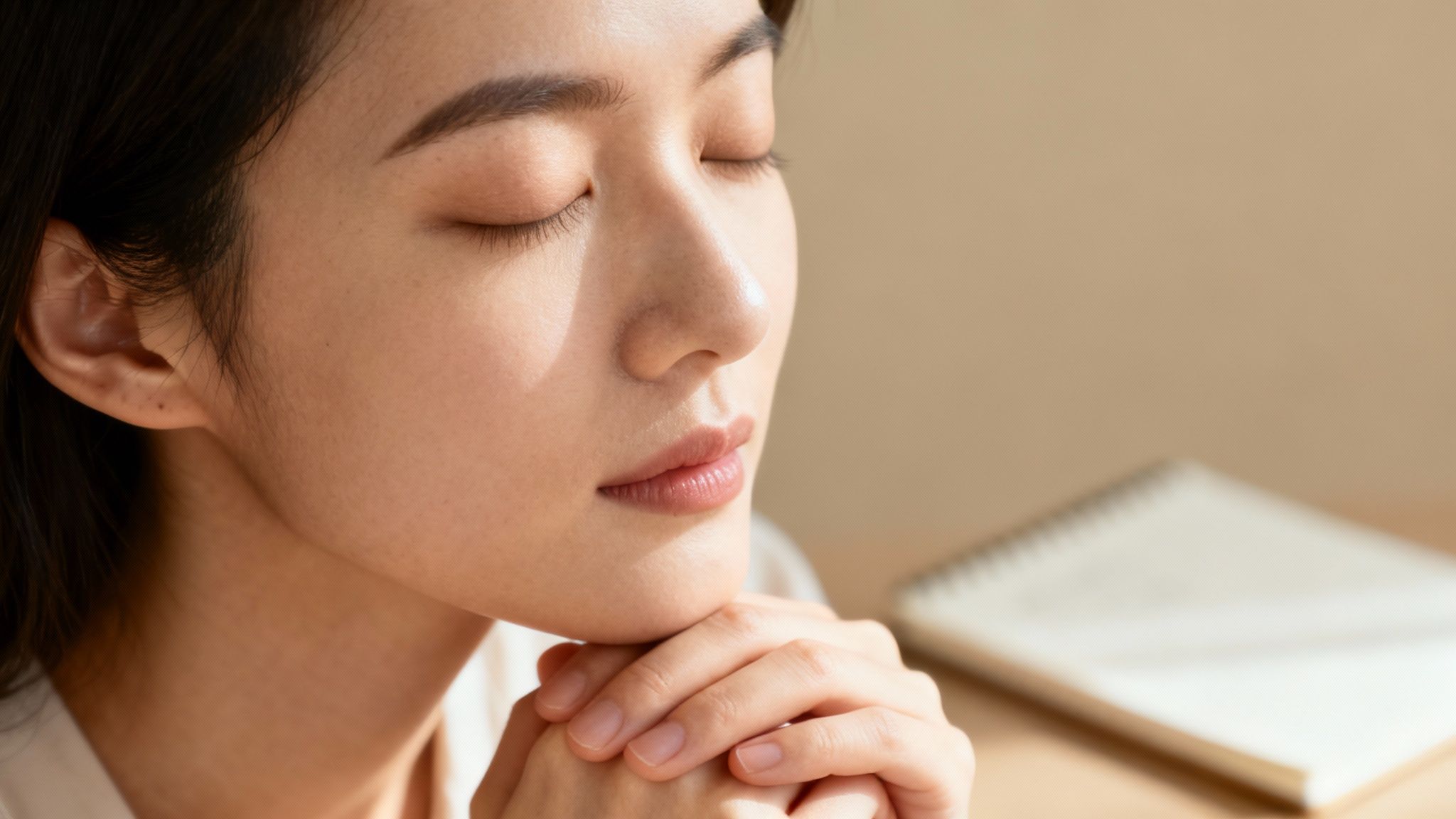 Serene woman with closed eyes and clasped hands, contemplating or meditating peacefully.