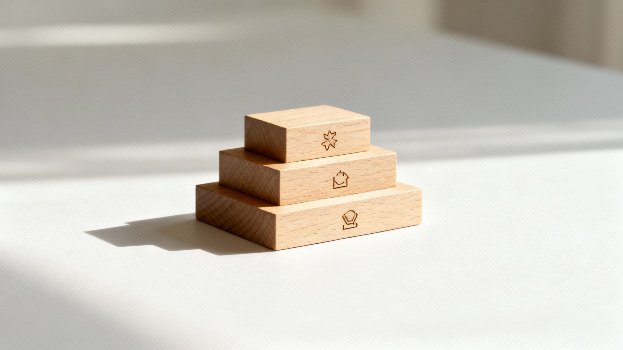 Three light wooden blocks are stacked in a pyramid shape on a white surface, each with an engraved symbol.