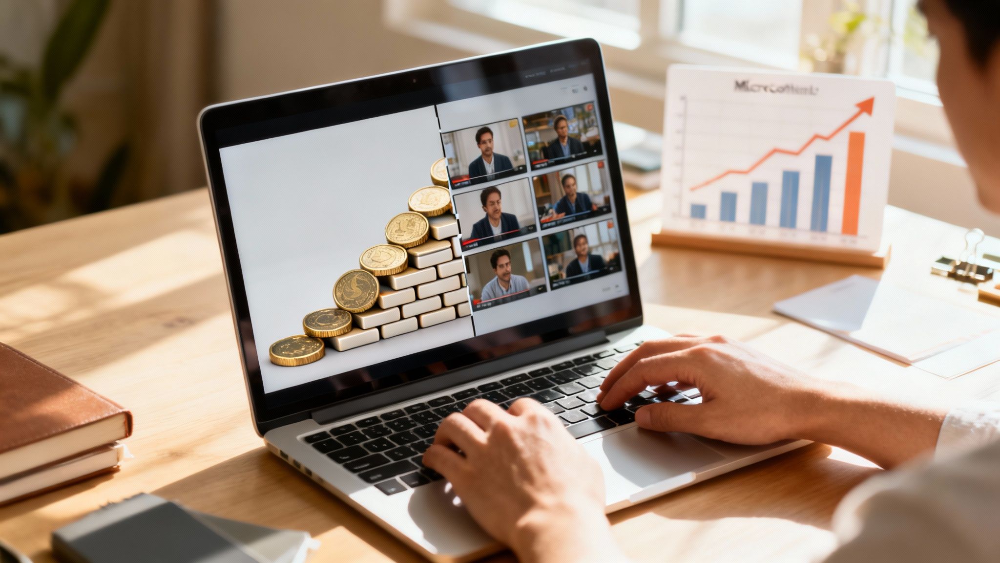Person typing on a laptop showing financial growth graphic and video conference with multiple participants, alongside a 'MicroContent' growth chart.