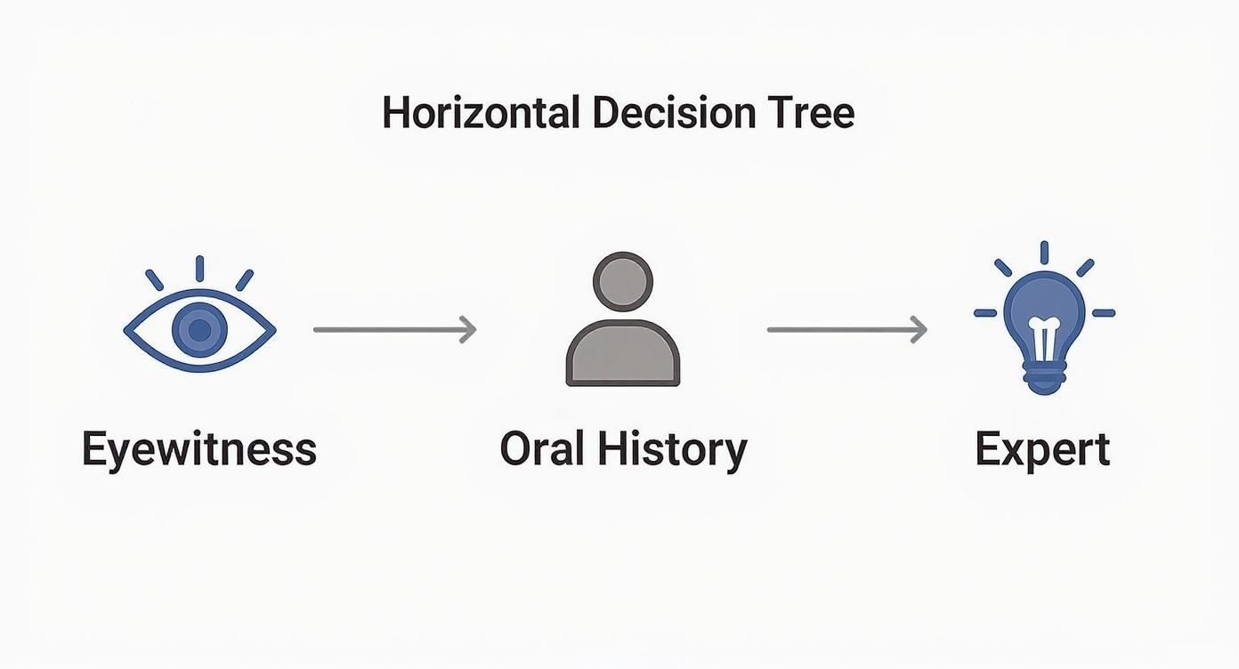 A horizontal decision tree illustrating the flow from eyewitness to oral history to expert.