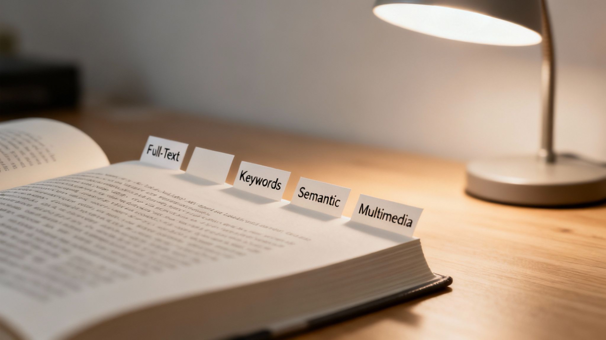 An open book on a wooden desk with tabs labeled 'Full-Text', 'Keywords', 'Semantic', and 'Multimedia', illuminated by a desk lamp.
