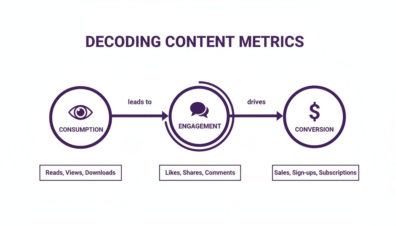 Flowchart illustrating content marketing metrics: Consumption (reads) leads to Engagement (likes), driving Conversion (sales).