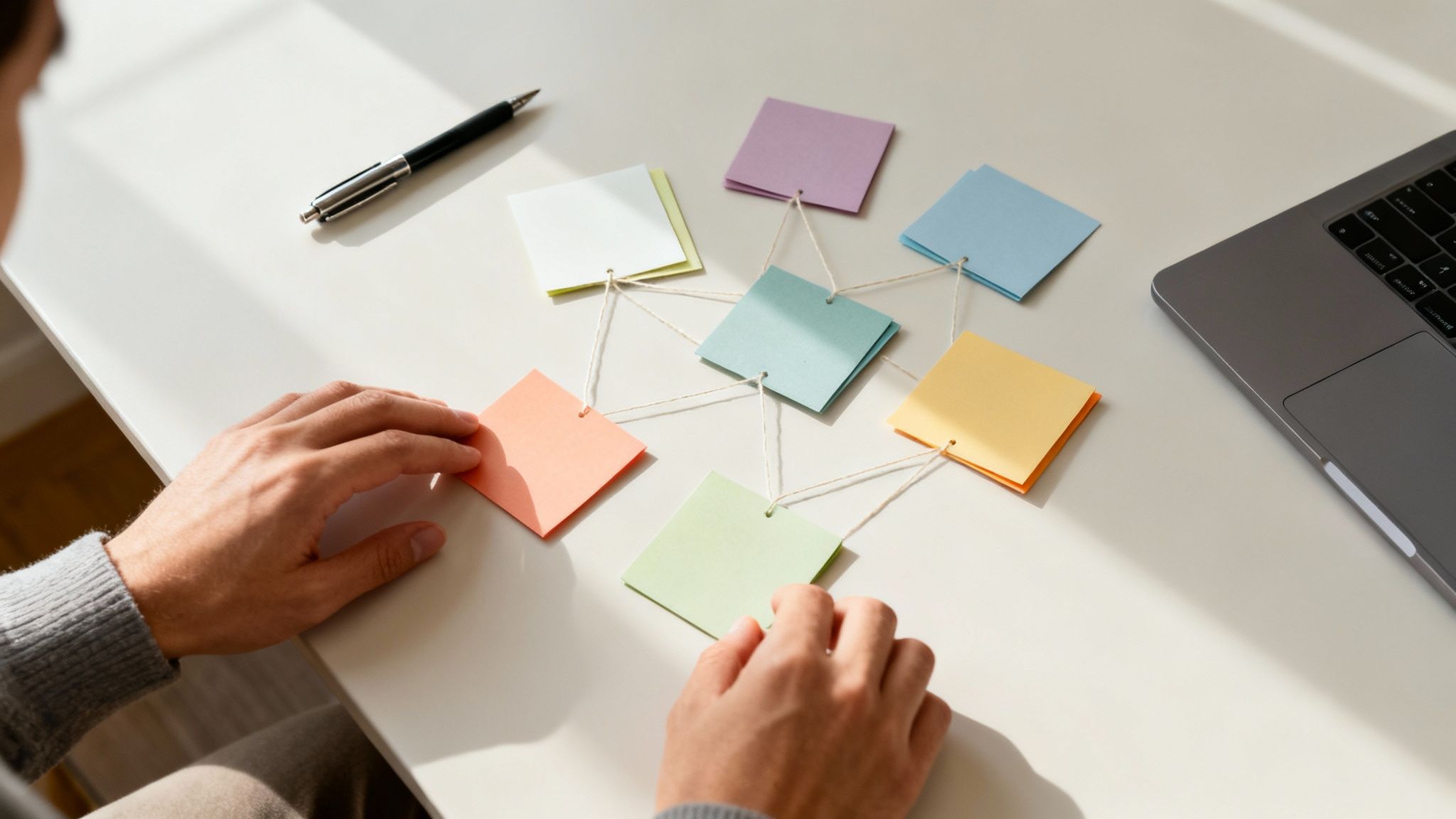 Overhead view of hands organizing colorful interconnected notes on a desk next to a laptop.