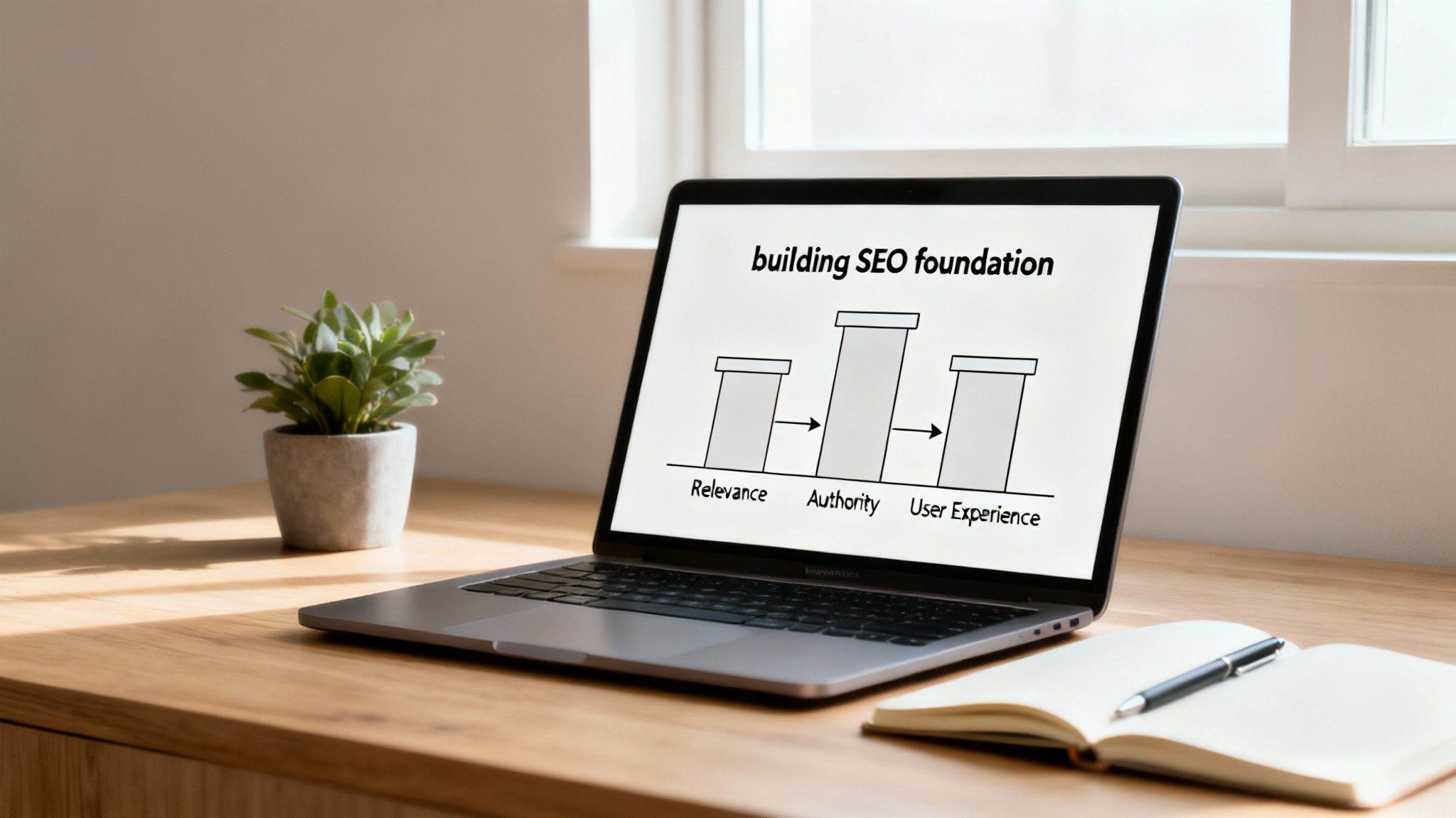 Laptop screen displays a diagram illustrating the building blocks of an SEO foundation: Relevance, Authority, and User Experience.
