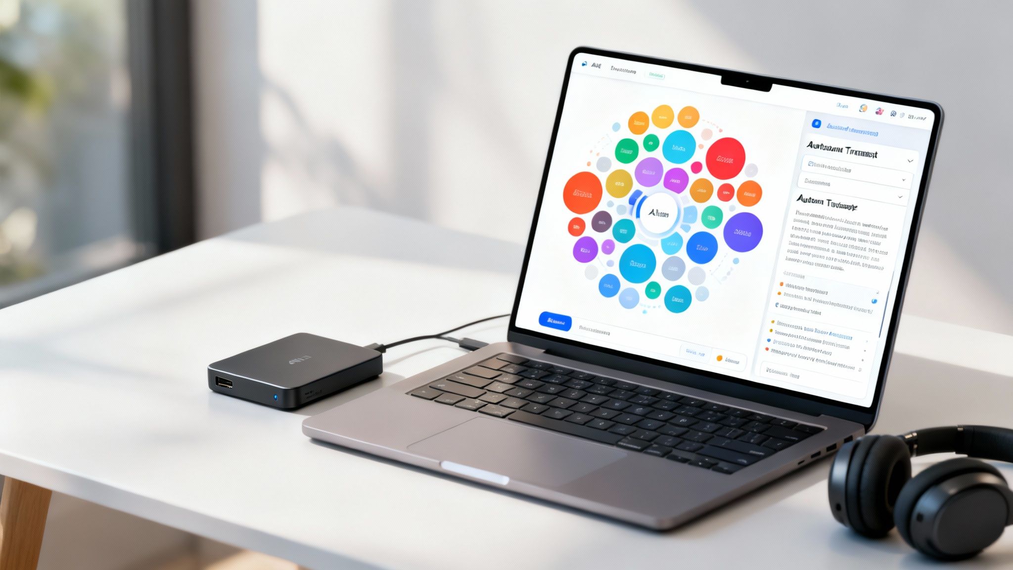 Modern desk setup with a laptop showing qualitative research content analysis software.