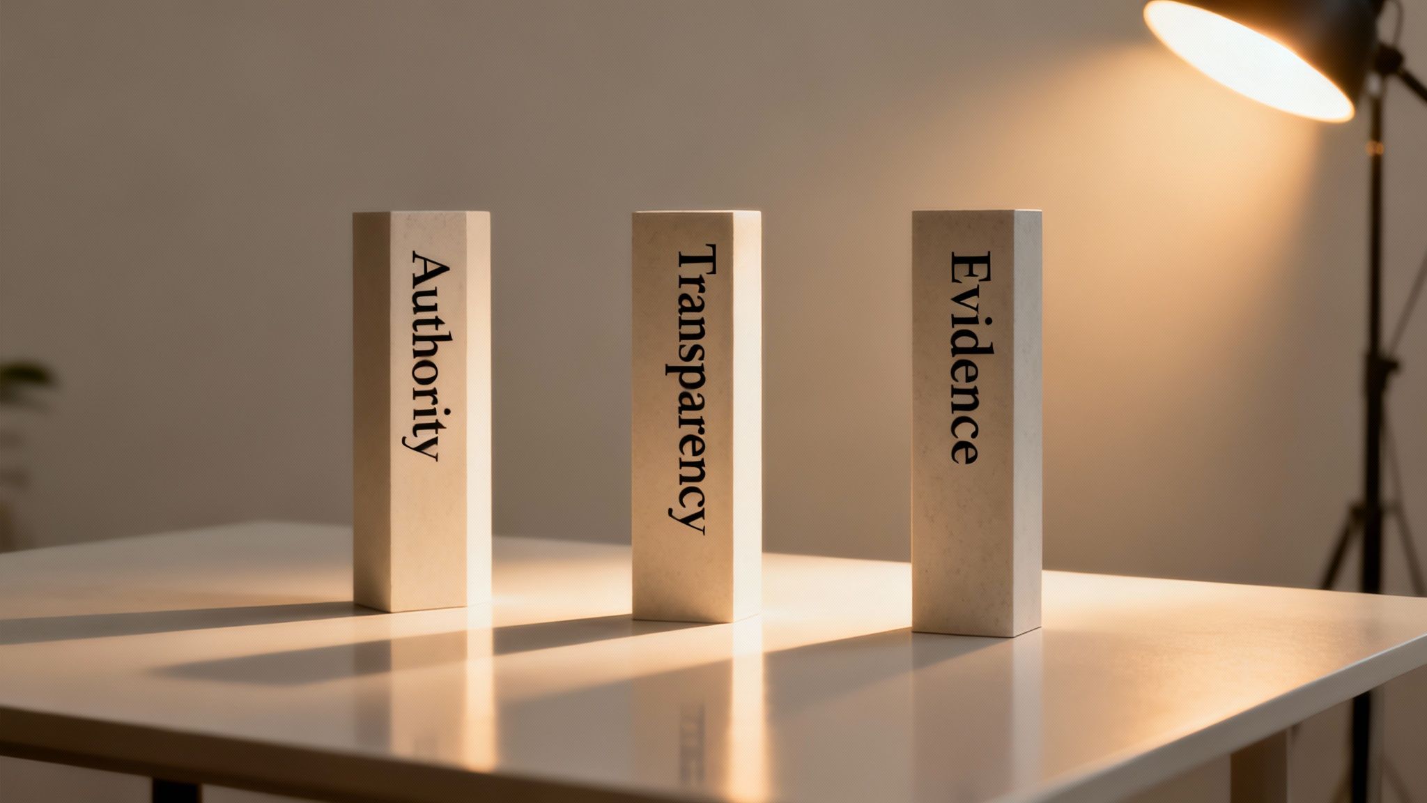 Three rectangular blocks displaying "Authority," "Transparency," and "Evidence" on a desk, lit by a lamp.