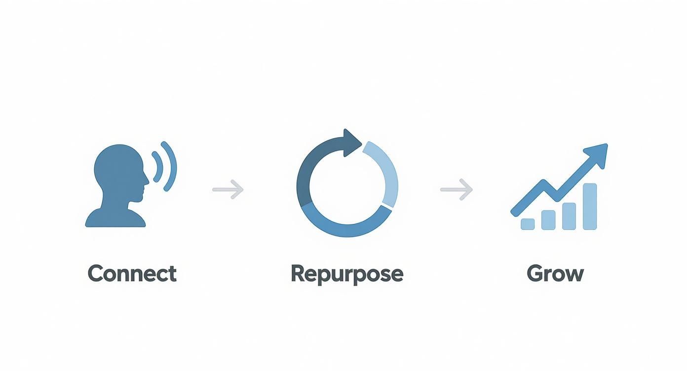 A three-step process diagram illustrating how to connect, repurpose content, and grow a business.