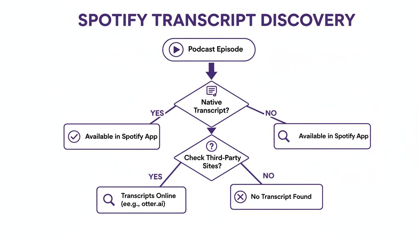 Flowchart illustrating the process of discovering Spotify podcast transcripts, including native and third-party options.