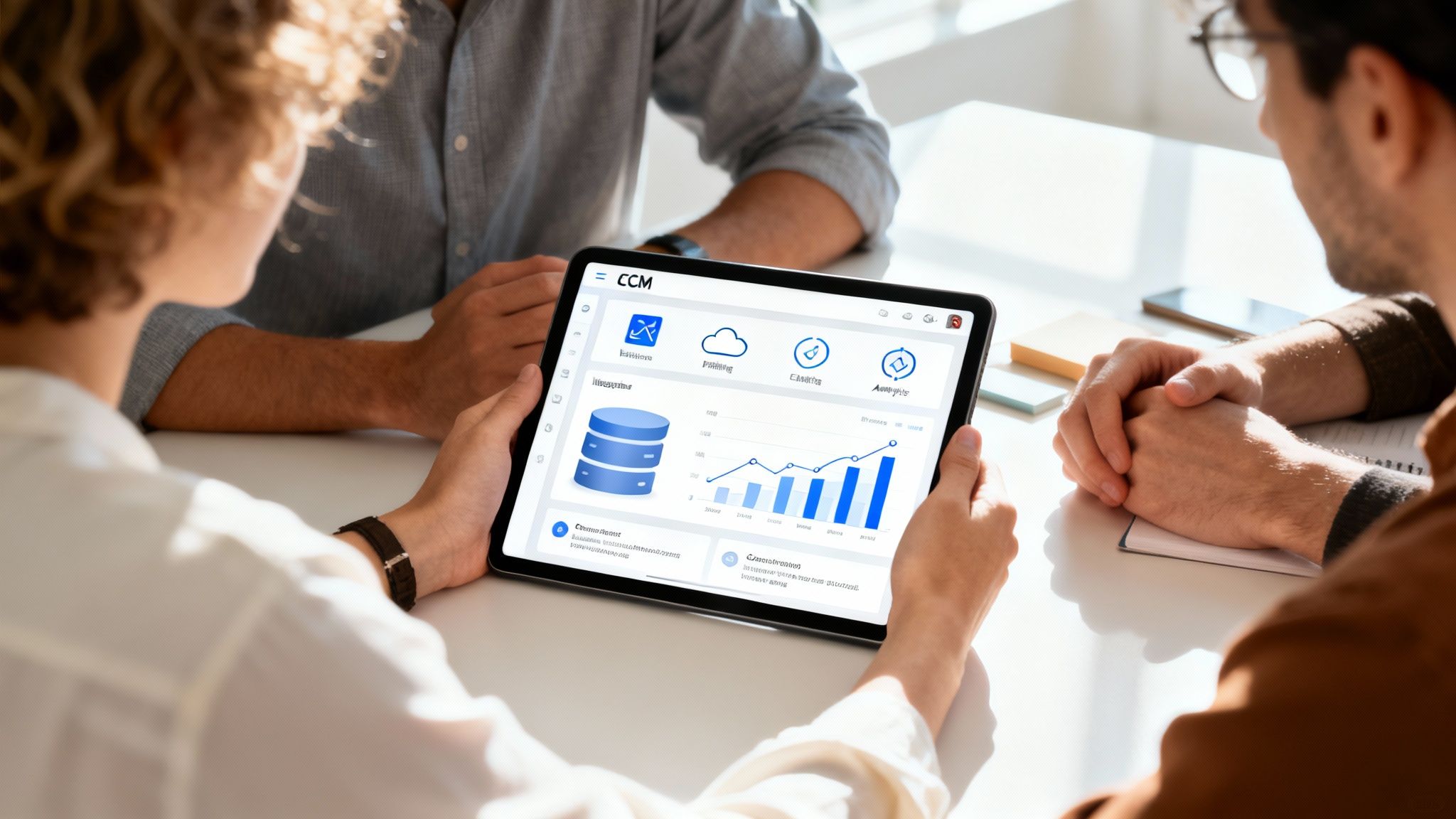 Three colleagues collaborate at a table, analyzing data on a tablet with a dashboard.