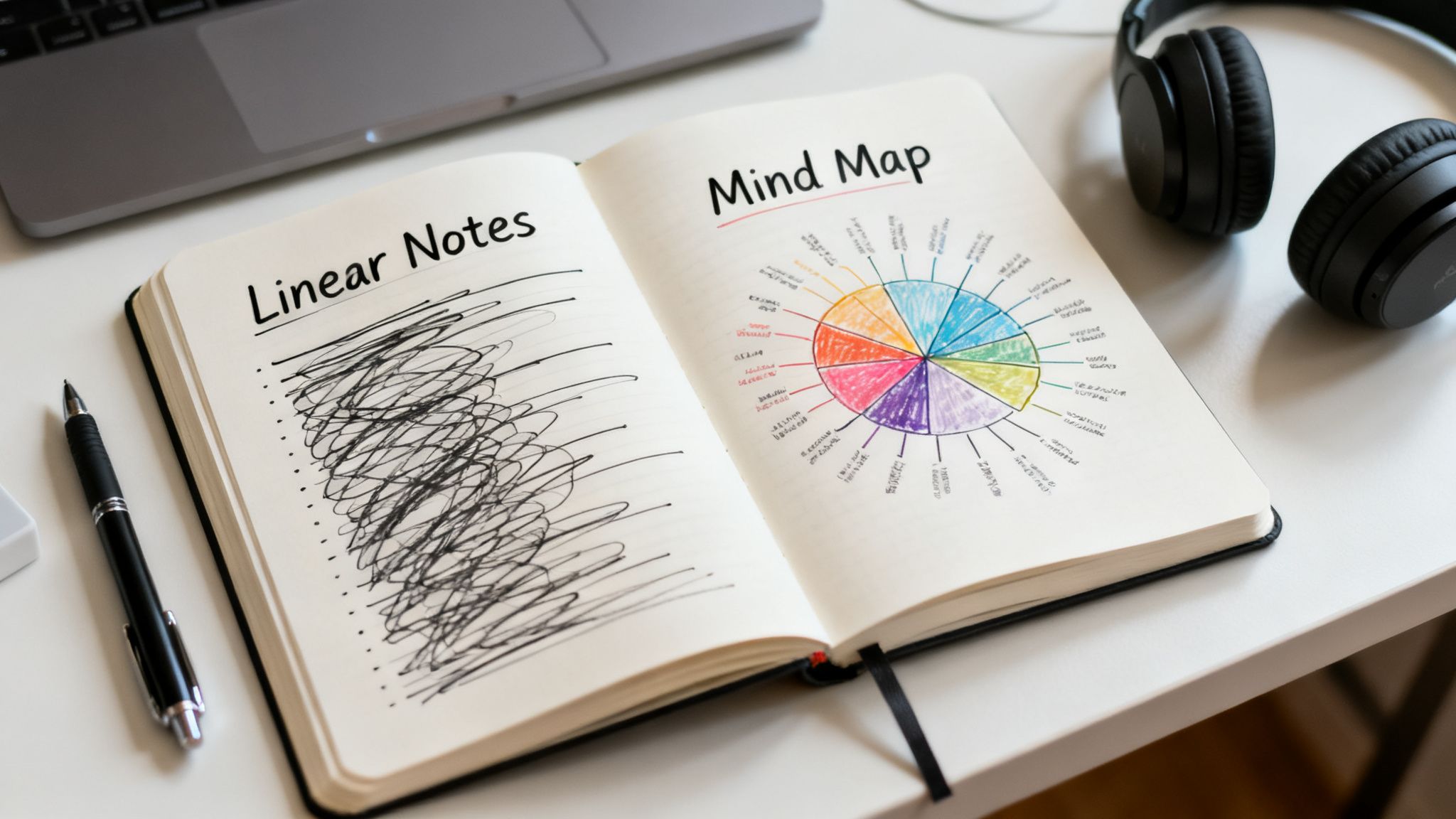 Open notebook displays scribbled 'Linear Notes' and a colorful, detailed 'Mind Map' on a white desk.