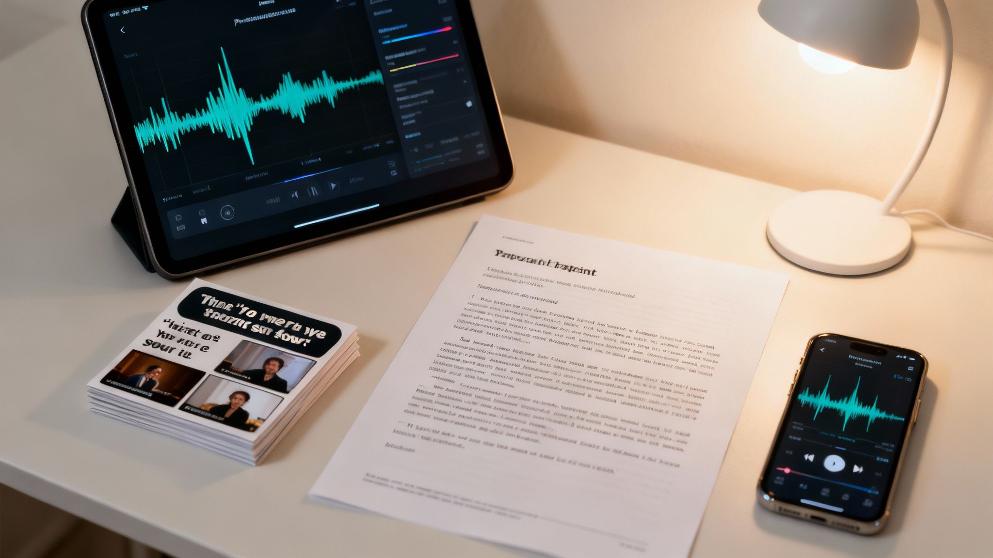 A desk with a tablet, smartphone, documents, and promotional cards for a podcast.