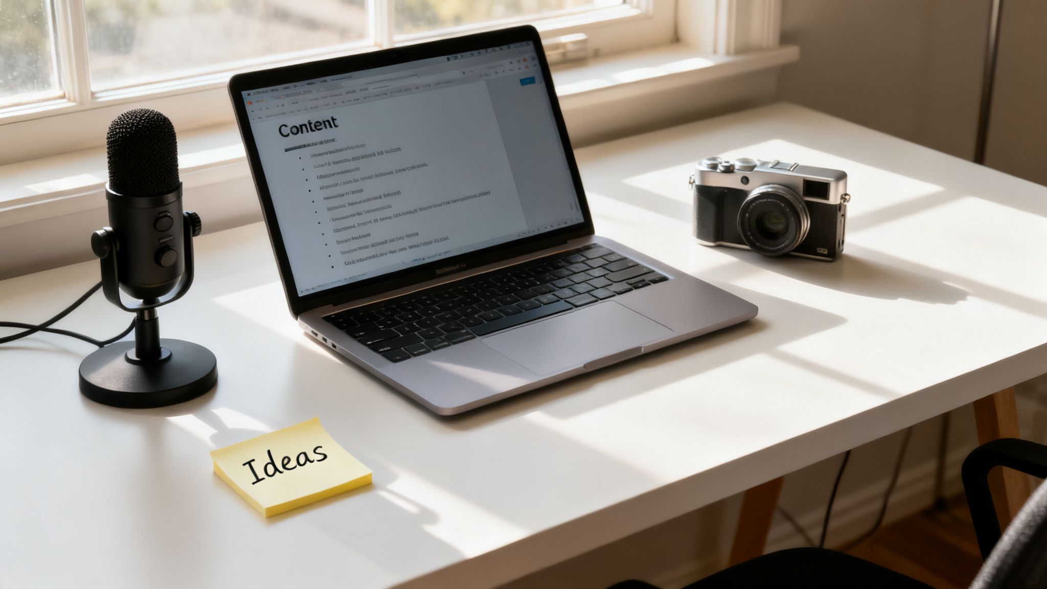 A bright workspace setup with a laptop showing a content document, microphone, and a camera.