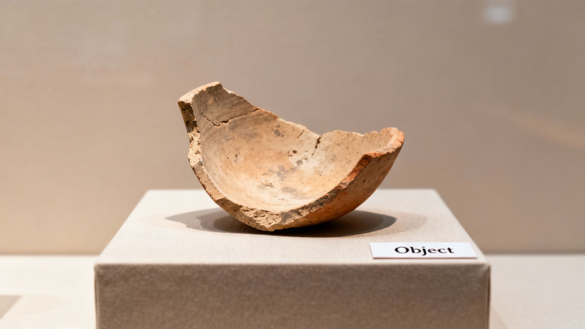 Close-up of an ancient, broken terracotta pottery shard on a display stand in a museum.