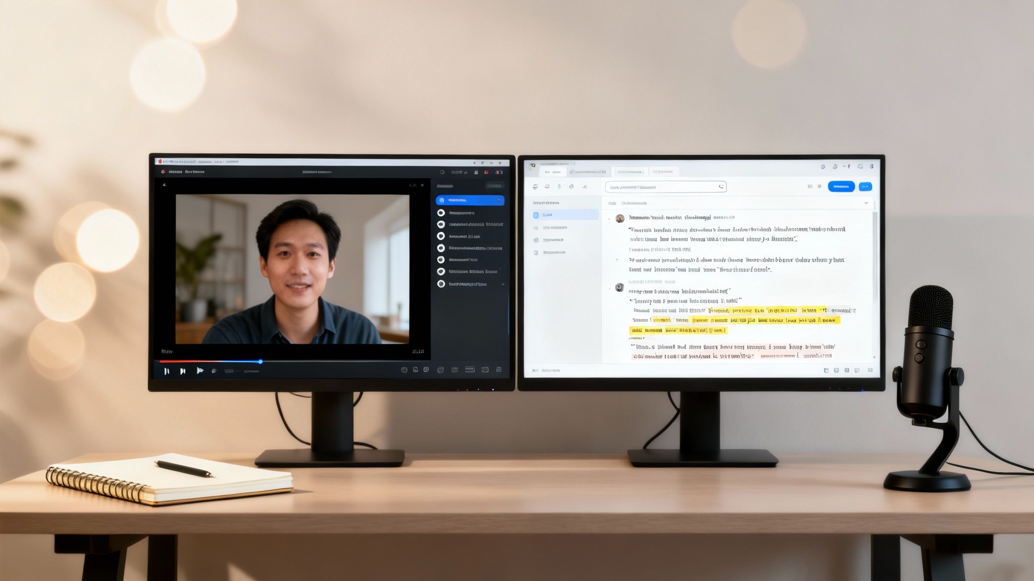 A home office setup with dual monitors, one displaying a video call, the other a document.