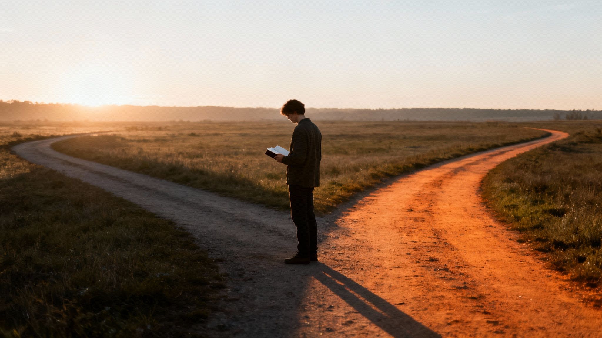 A young man reads a book at a fork in a dirt road during sunset.