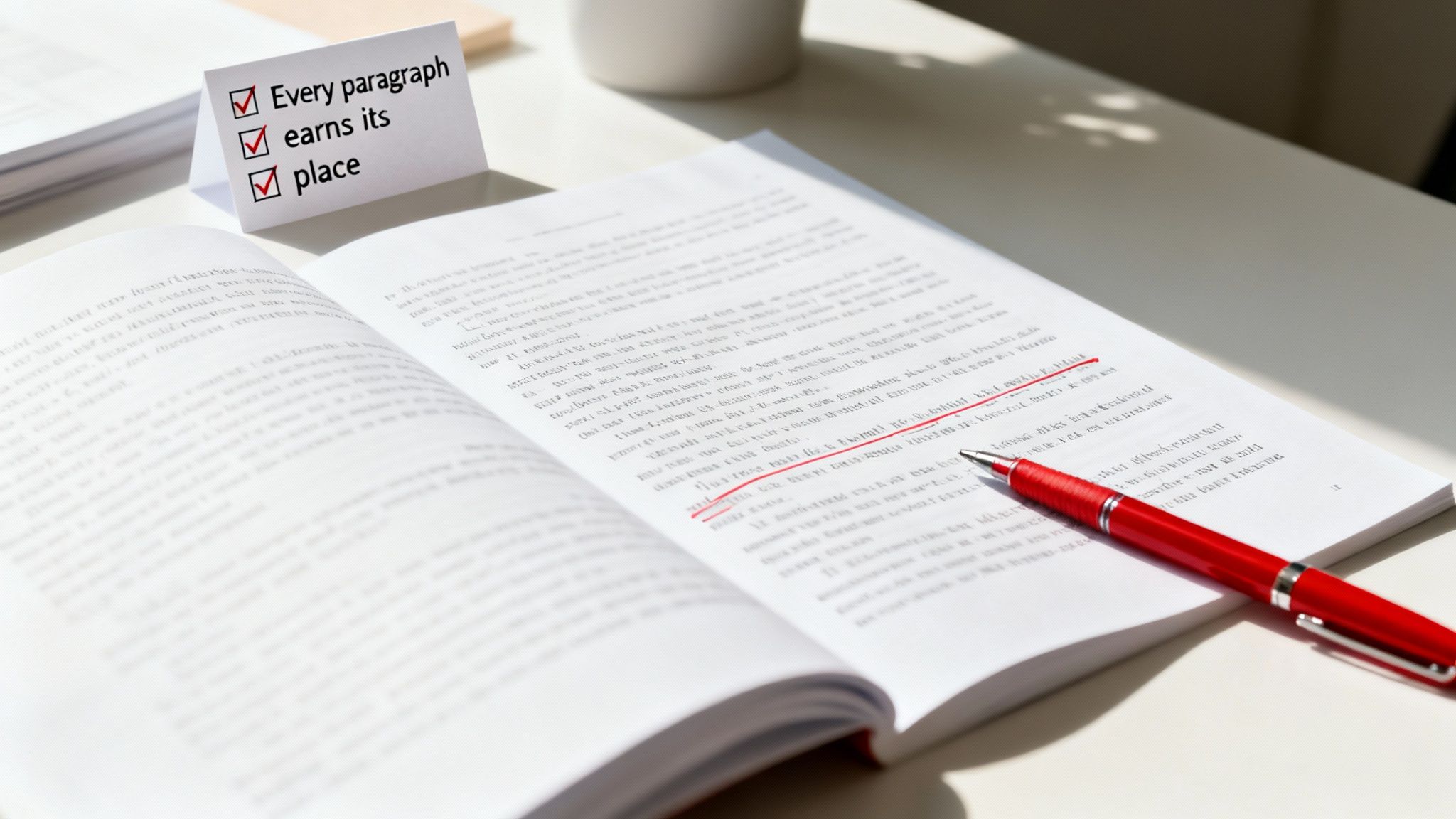 A red pen on an open document, next to a checklist card with writing tips for paragraph structure.