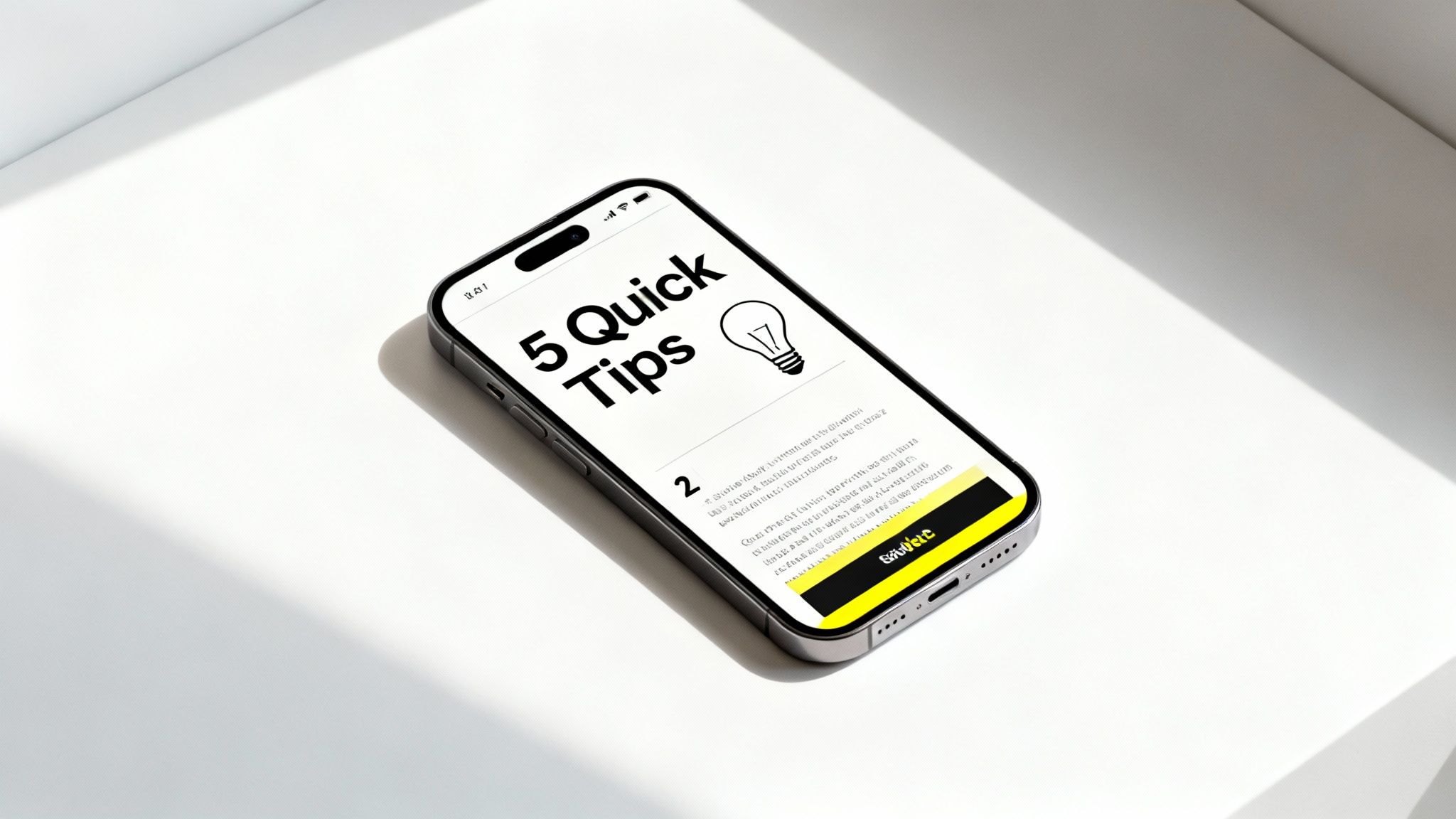 A sleek smartphone displays '5 Quick Tips' with a lightbulb icon on a clean white surface.