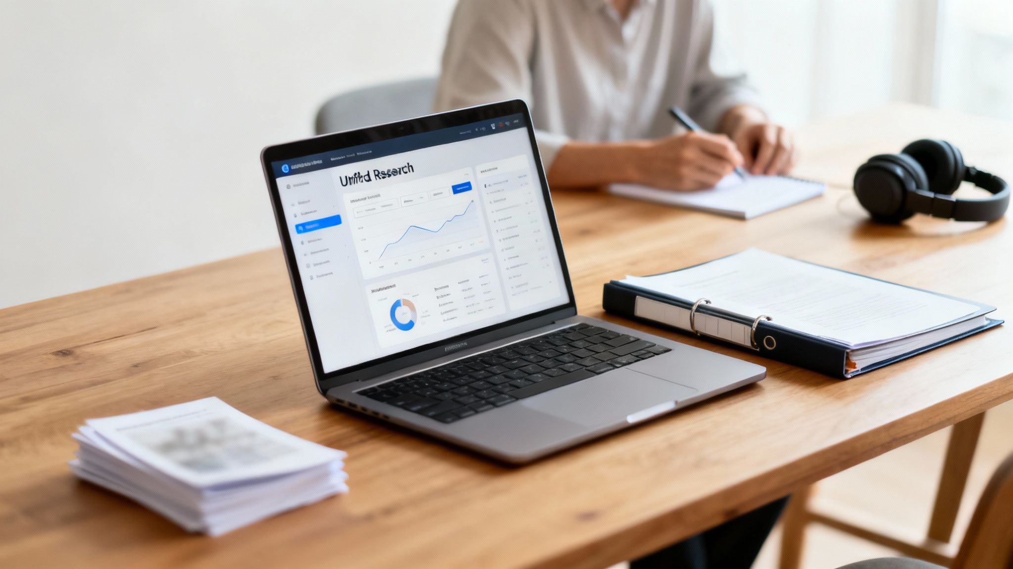 A laptop displaying a "Unified Research" dashboard with graphs, a binder, and headphones on a wooden desk, with a person writing in the background.