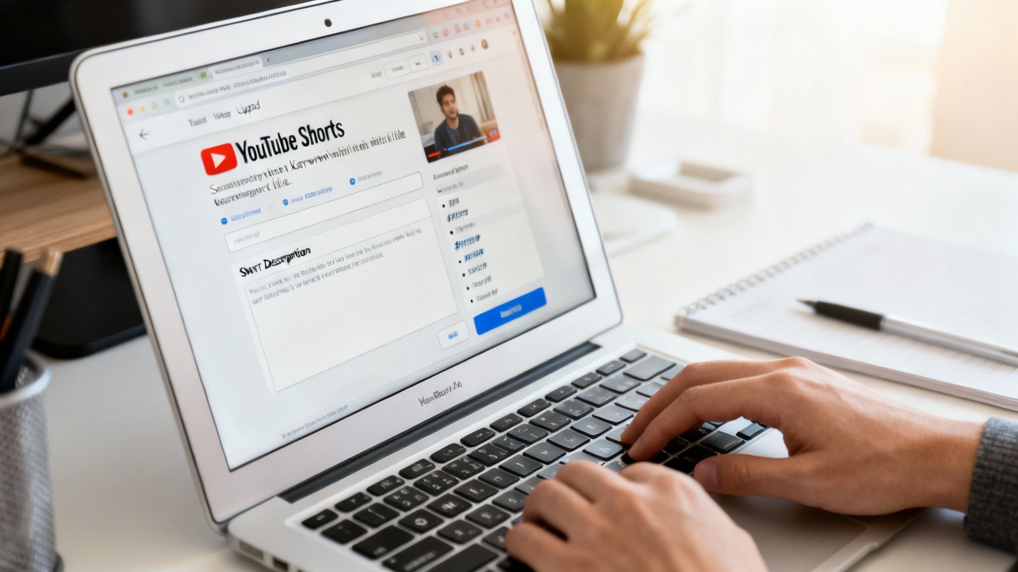 Hands typing on a laptop displaying the YouTube Shorts video editor and upload page.