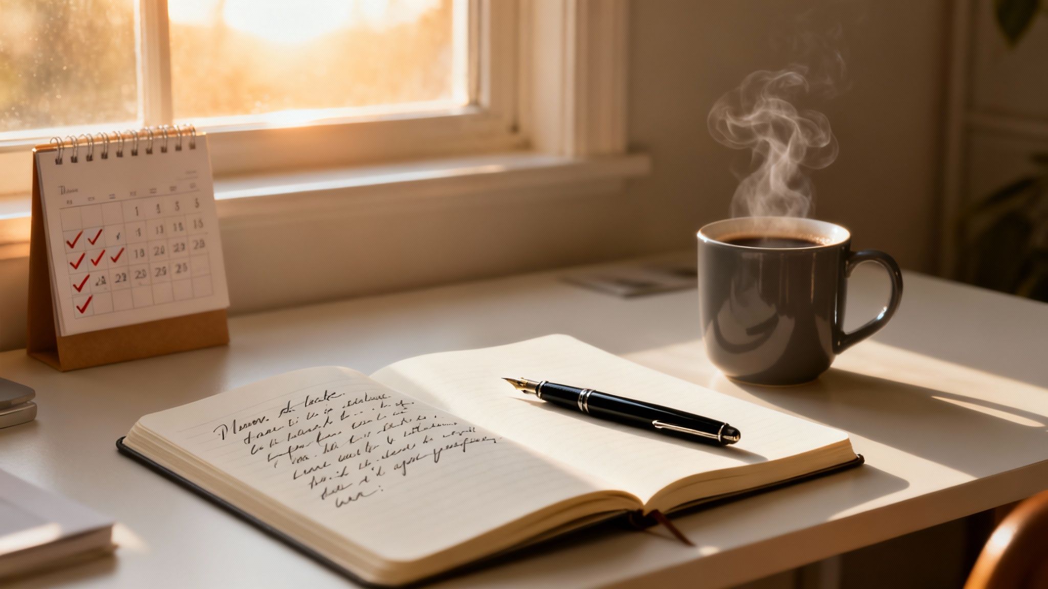 A cozy desk scene with a notebook, pen, calendar, and steaming coffee cup in golden sunlight.
