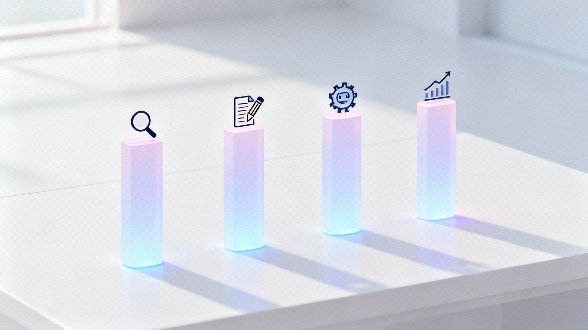 Four glowing bars with icons representing search, content creation, AI automation, and business growth.