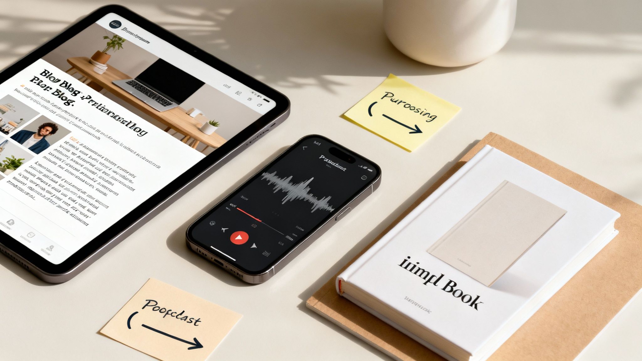 A flat lay showing a tablet with a blog post, a smartphone playing audio, books, and sticky notes.